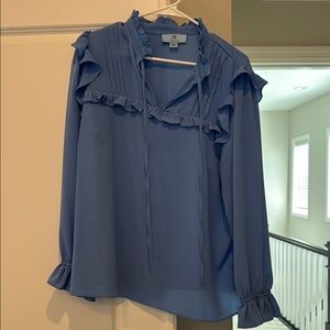 CeCe Blue Ruffled Bib Collar Blouse